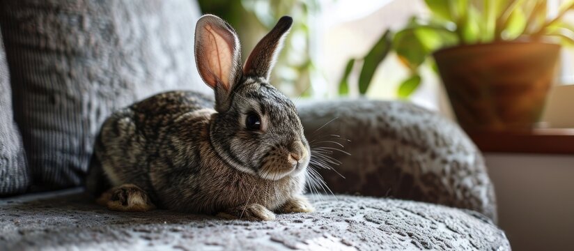 Russet spotted banny rabbit sitting on a couch. Copy space image. Place for adding text