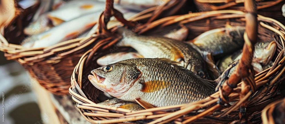 Poster several baskets full of fish freshly caught from the sea. copy space image. place for adding text