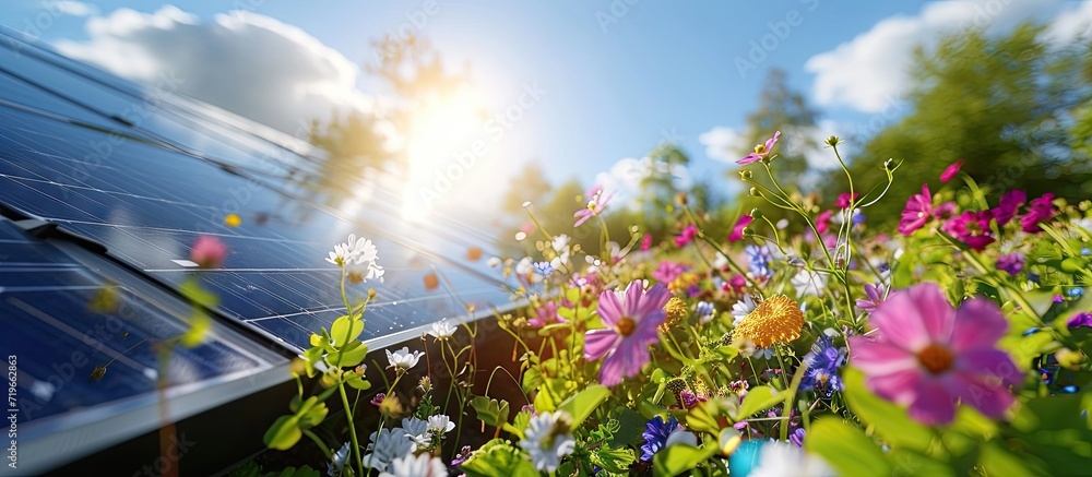 Poster solar cells on a roof with flowers in the foreground. copy space image. place for adding text