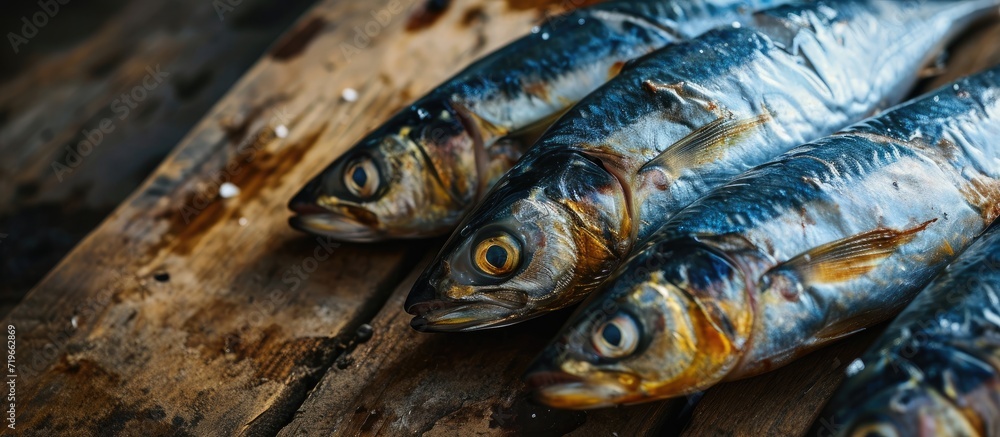 Poster raw sea fish on a factory conveyor production of canned fish. copy space image. place for adding tex