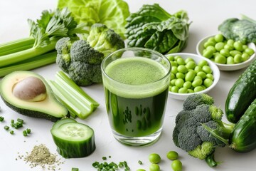 Glass of celery healthy green juice arranged with a variety of green foods