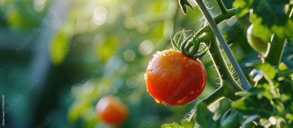 Poster ugly fruit of a ripening tomato on a branch in a greenhouse close up. copy space image. place for ad