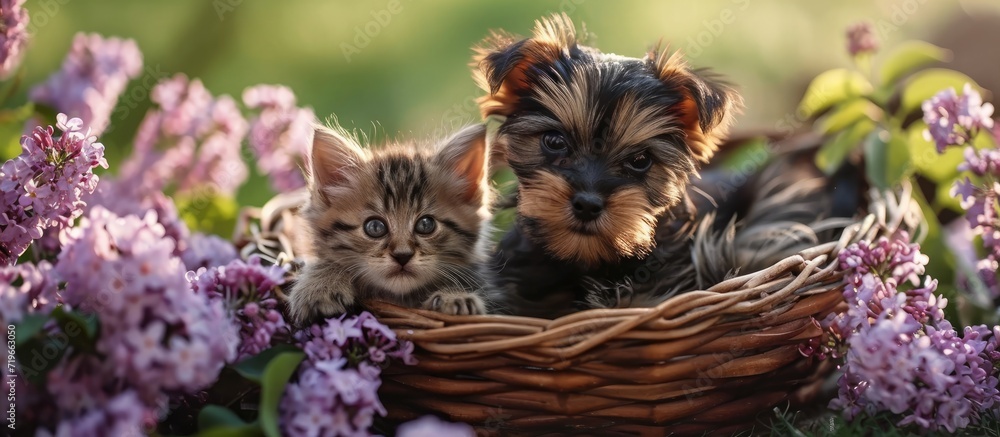 Poster yorkshire terrier puppy and tiny kitten sit together inside basket between lilacs flowers. copy spac