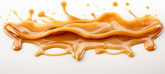 Delicious caramel sauce splashing on white background for culinary and dessert concepts