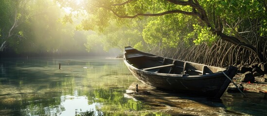 Sitting in the boat along the mangrove forest. Copy space image. Place for adding text