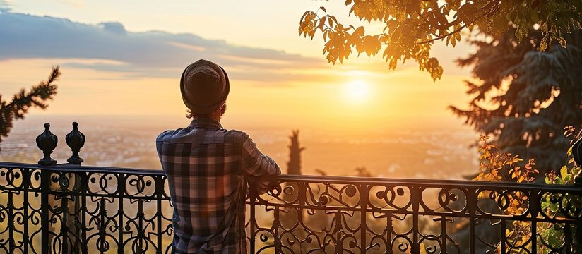 Young man leaning on the terrace admiring the landscape while leaning on an elegant iron grille A moment of tranquillity at home. Copy space image. Place for adding text