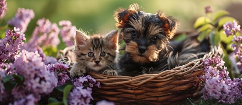 Yorkshire terrier puppy and tiny kitten sit together inside basket between lilacs flowers. Copy space image. Place for adding text