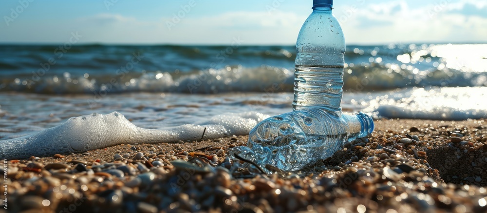 Poster throwing bottled water on the beach marine waste problems and affects the ecosystem on the environme