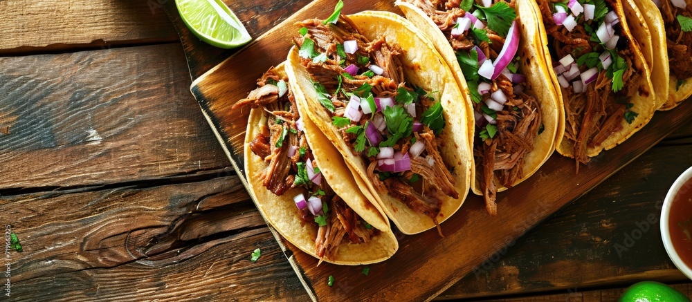 Poster pork carnitas tacos on a cutting board with onion and cilantro. copy space image. place for adding t