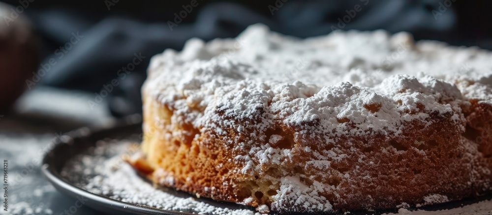 Poster yogurt cake or gateau au yaourt is a classic french baked good with icing sugar closeup in a plate o