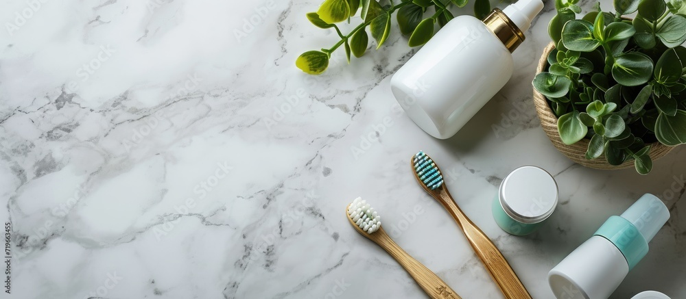 Poster set of eco friendly toothbrushes and clock on marble background dental and healthcare concept top vi