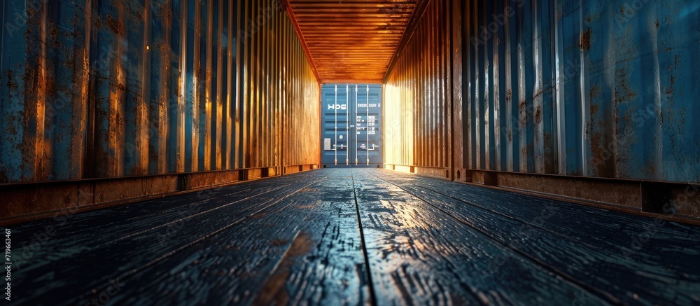 Poster staff workers in yellow vests and safety helmets inspecting inside of empty shipping container for i