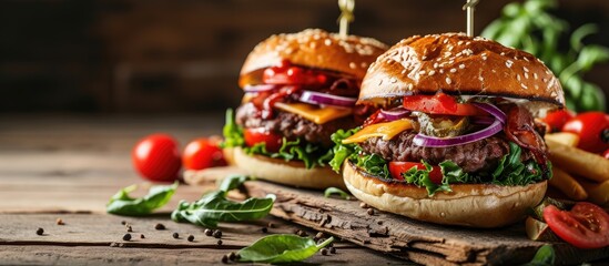 Two delicious homemade burgers with beef cheese and vegetables on white wooden table. Copy space image. Place for adding text