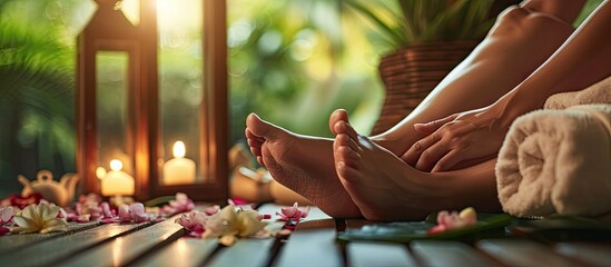 Reflexology Feet Massage Treatment Foot Spa Therapist. Copy space image. Place for adding text