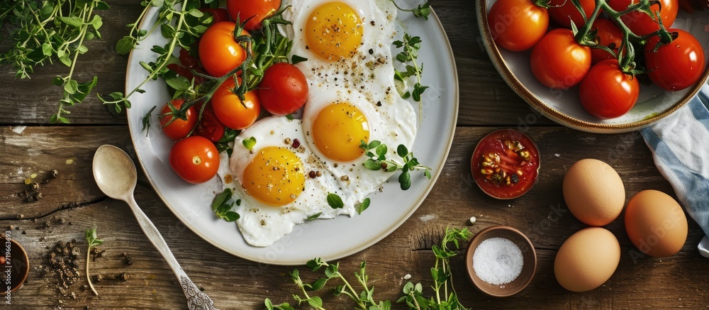 Poster portion of gourmet breakfast with poached eggs and tomatoes. copy space image. place for adding text