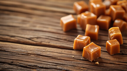 Caramel cubes lie on a wooden table. Caramel adds delicious, creamy flavor to desserts, pastries, and candies. Concept for National Caramel Day, April 5.
