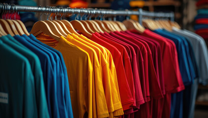 plain t-shirts of different colors hang on a hanger, store interior blur