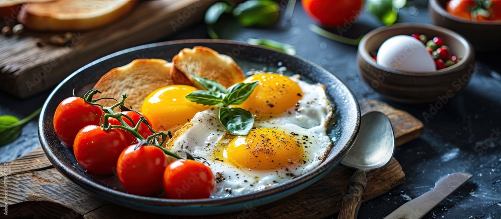Poster portion of gourmet breakfast with poached eggs and tomatoes. copy space image. place for adding text