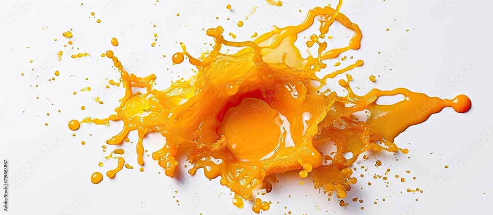 Poster puddle of orange juice isolated on white background clipping path. copy space image. place for addin