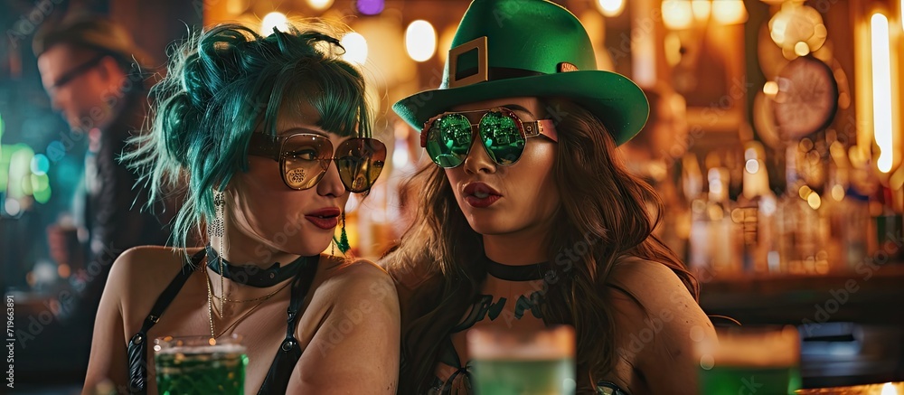 Poster two girls in a wig and a cap are photographed in a bar they celebrate st patrick s day they are havi