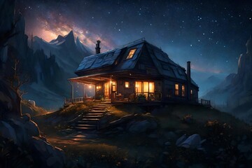 Nightfall around a mobile home on top of a majestically beautiful hill, where the twinkling stars overhead form a celestial canopy for the isolated abode. - obrazy, fototapety, plakaty