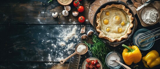 Preparation of shortcrust pastry ingredients for shortcrust pastry Quiche vegetable pie Pie recipe Vegetable tart. Copy space image. Place for adding text - obrazy, fototapety, plakaty