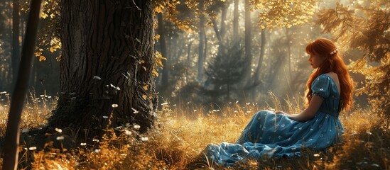 Red haired young woman in a linen blue dress is sitting under a tree of the forest in the rays of the sun The girl experiences emotions of despair left alone in the forest. Copy space image