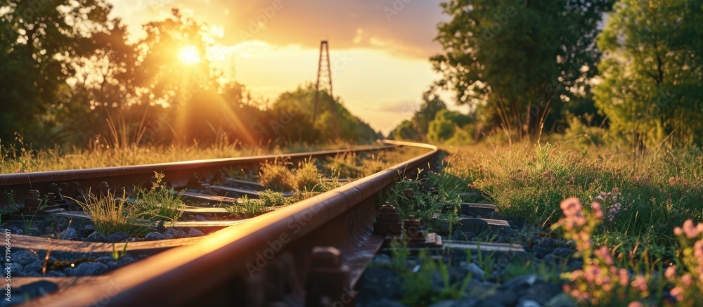 Poster railway in summer sunset and grass sleepers. copy space image. place for adding text