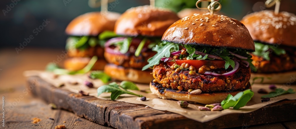 Poster vegan burgers with lentils and pistachios stacked on a cutting board. copy space image. place for ad