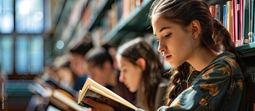 Poster teenage students in library reading books with tutor. copy space image. place for adding text