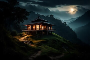 Nightfall at a bungalow on top of a majestically beautiful hill, where the property becomes a beacon of light amidst the vast darkness of the wilderness.