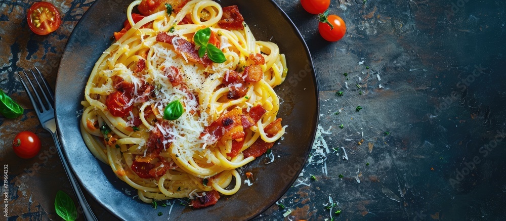 Poster pasta carbonara with bacon and parmesan on a plate top view. copy space image. place for adding text