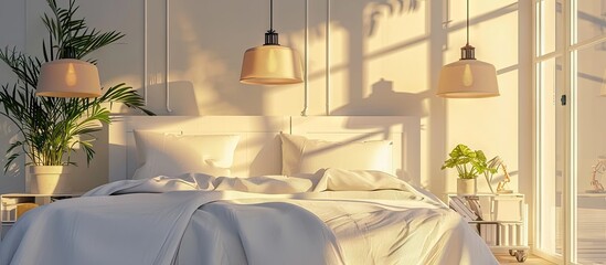 Three lamps in pastel colors hanging above bed with soft bedhead in bright interior. Copy space image. Place for adding text