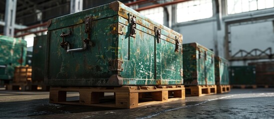 Transportation of production equipment Closed boxes for transporting equipment Green cases are on wooden pallets Cases with industrial equipment in open air Dark green cases with steel locks