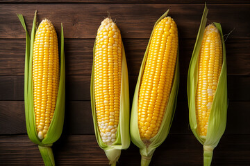 "Harvest's Bounty: Cobs of Ripe Raw Corn on Dark Wood Texture"

