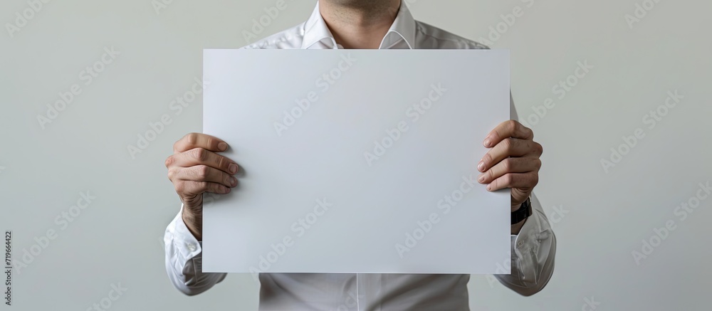 Poster the new worker holds the white blank paper in the hand. copy space image. place for adding text
