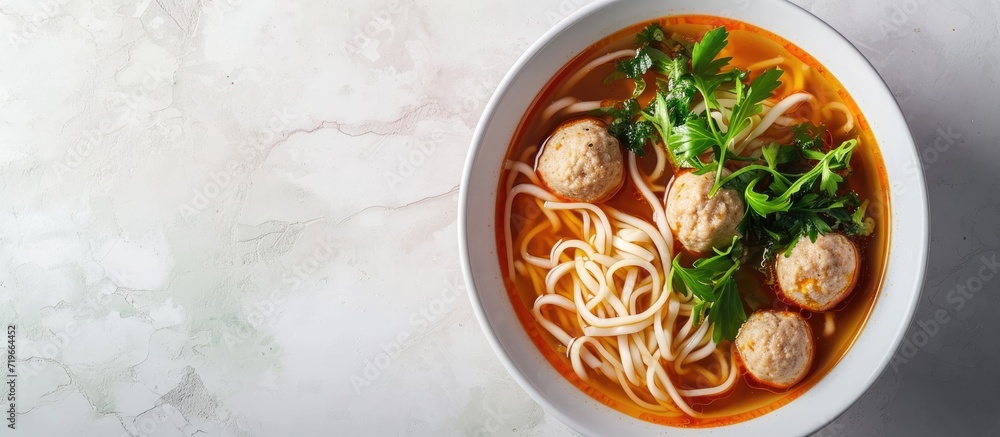 Poster rice vermicelli noodle soup with pork balls in white bowl top view. copy space image. place for addi