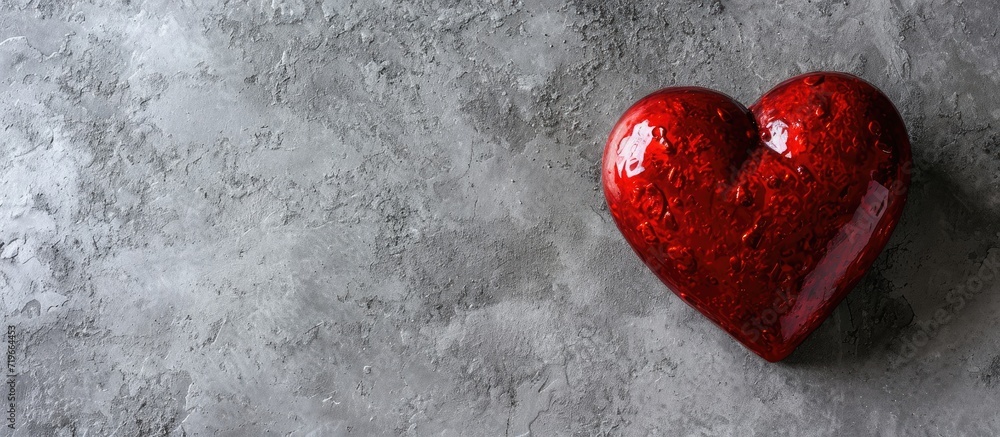 Poster people holding red decorative heart on grey background top view and space for text cardiology concep