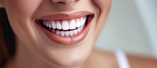 Obraz premium Perfect healthy teeth smile of a young woman Teeth whitening Dental clinic patient Image symbolizes oral care dentistry stomatology. Copy space image. Place for adding text