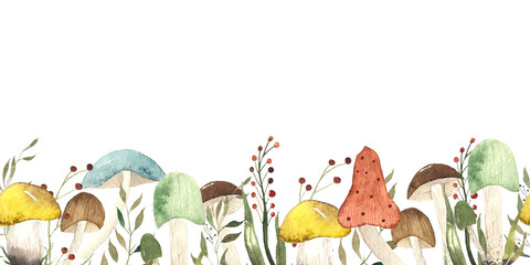 mushroom fairy tale border autumn series illustration fungus hand drawn  - obrazy, fototapety, plakaty