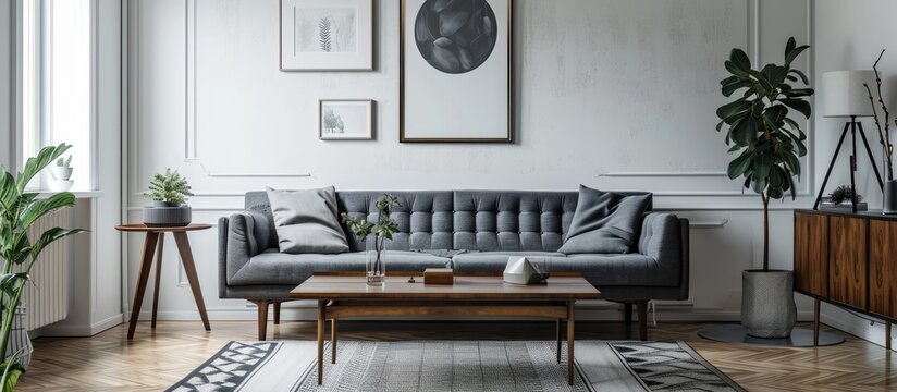 Stylish scandi interior of home space with design grey sofa retro wooden table mock up poster frame decoration carpet and personal accessories in elegant home decor. Copy space image
