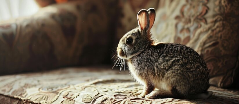 Russet spotted banny rabbit sitting on a couch. Copy space image. Place for adding text