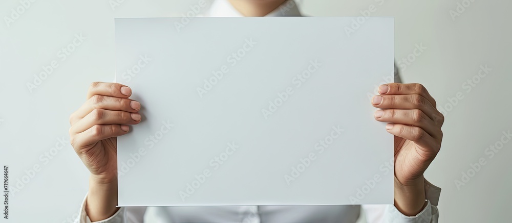 Poster The new worker holds the white blank paper in the hand. Copy space image. Place for adding text