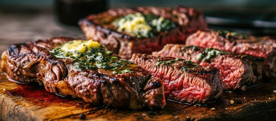Sliced grilled Medium rare barbecue steak Ribeye with herb butter on cutting board close up. Copy space image. Place for adding text