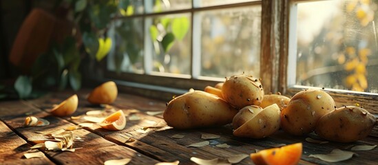 Three russet potatoes peeled and ready for cooking with leftover peels on the table by the window. Copy space image. Place for adding text