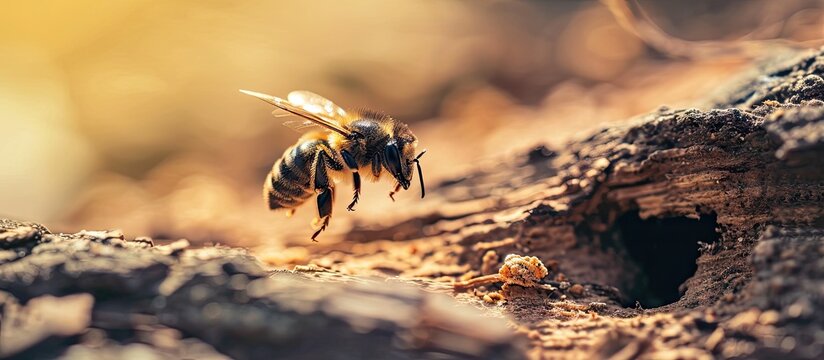 wild bee flying in front of insect shelter solitary bee Osmia bicornis. Copy space image. Place for adding text