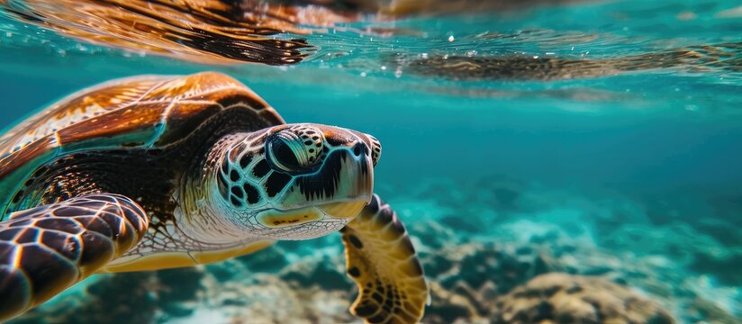 Sea turtle swimming in the sea port El Nuro Mancora Peru. Copy space image. Place for adding text