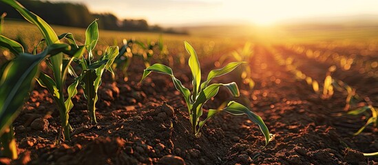 Young corn field in brown soil at sunset. Copy space image. Place for adding text - obrazy, fototapety, plakaty