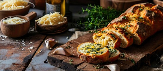 Tasty bread with garlic cheese and herbs on kitchen table. Copy space image. Place for adding text - Powered by Adobe