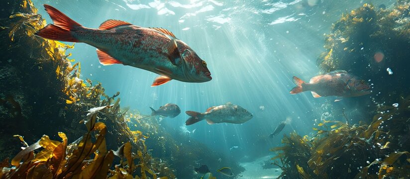 Red Roman Seabream in False Bay kelp forest. Copy space image. Place for adding text